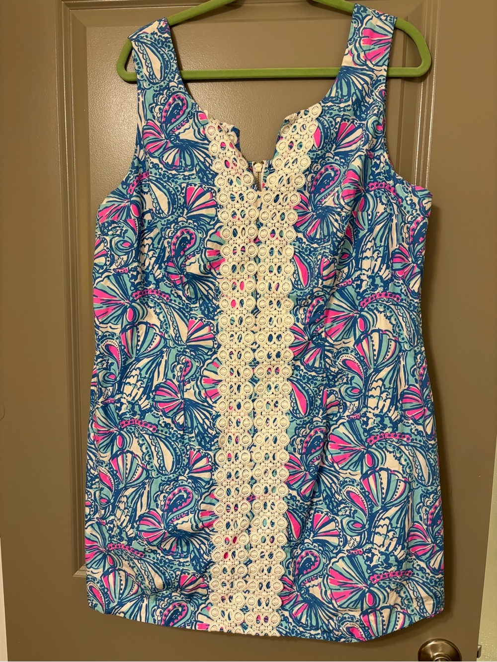 Sleeveless Blue & Pink Printed Shift Dress with Lace Panel